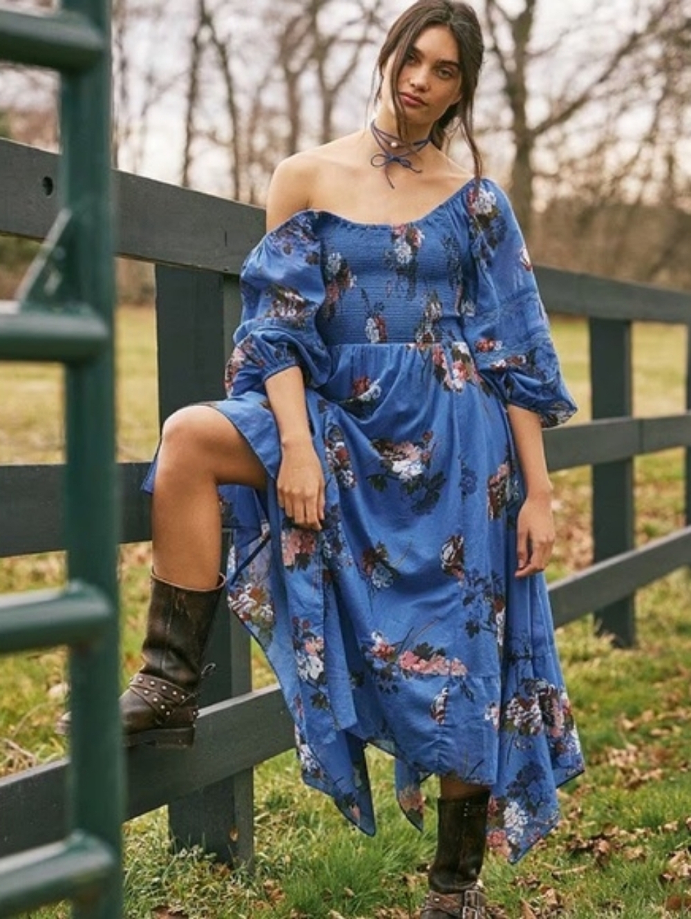 Free People  Morning Glory Blue Floral One-Shoulder Smocked Dress